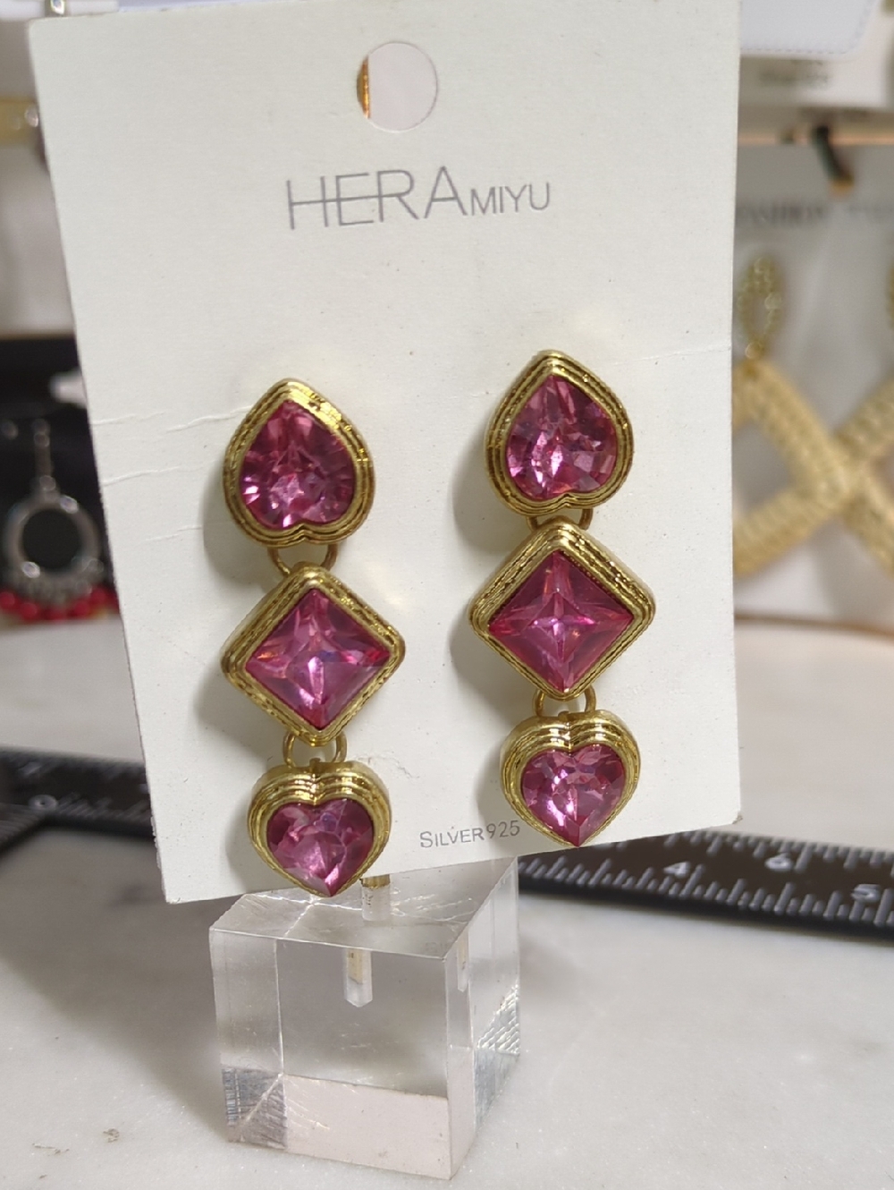 Pink Triple Drop Gold-tone Crystal Earrings